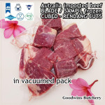 Beef BLADE Australia frozen daging sapi sampil CUBED-DADU RENDANG / CURRY BITE-SIZE 2cm 5/8" (price/pack 600g +/-50pcs) any brand in stock; GBP, WMPG, RALPHS or AMH